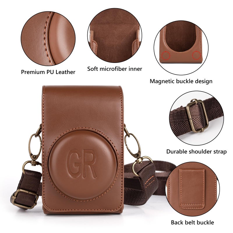 kinokoo Case for Ricoh GR/GR II/GR III/IIIx/GR IV Digital Camera, PU Leather GR GR II GR III GR III X GR IV Protective Cover with Shoulder Strap - Retro Style Easy Carrying Bag- Coffee - Image 4